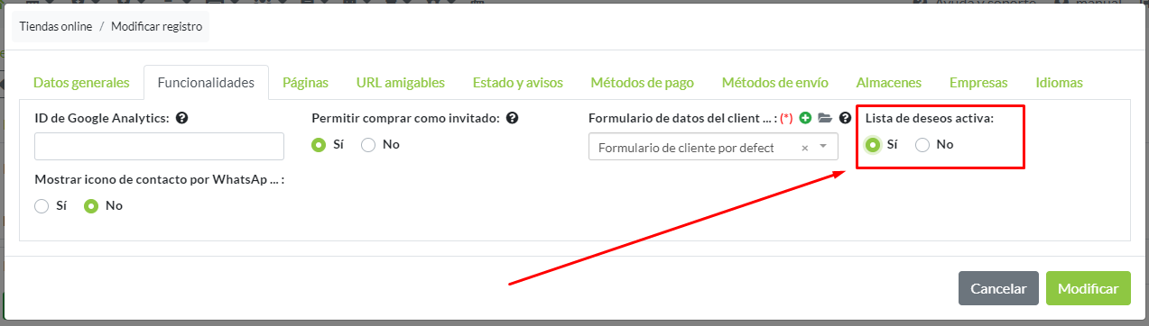Configuración parámetro Lista de deseos activa, en pestaña Funcionalidades de Tienda online