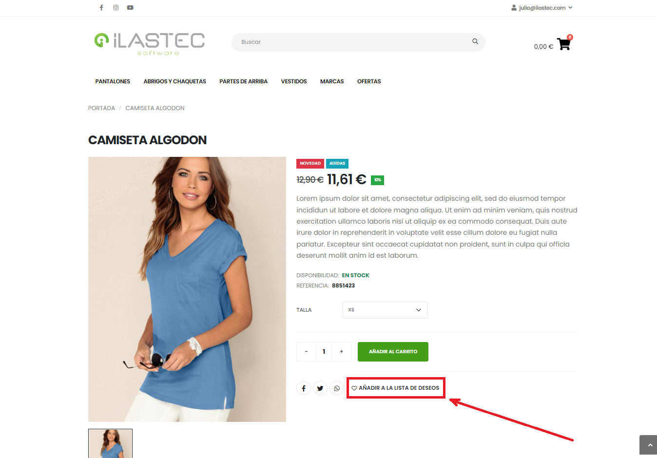 Detalle de opción Añadir a lista de deseos en ficha de producto de Tienda online