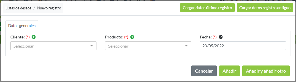 Creación de registro de lista de deseos