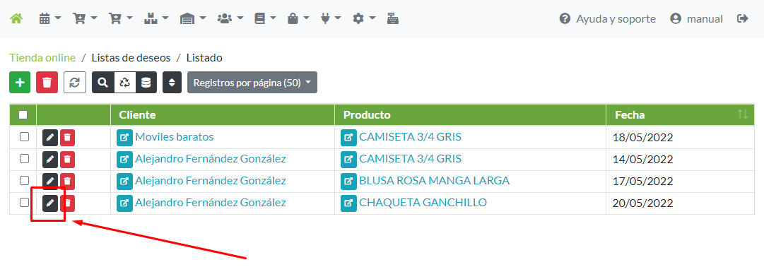 Modificación en registro en lista de deseos desde su menú de opciones
