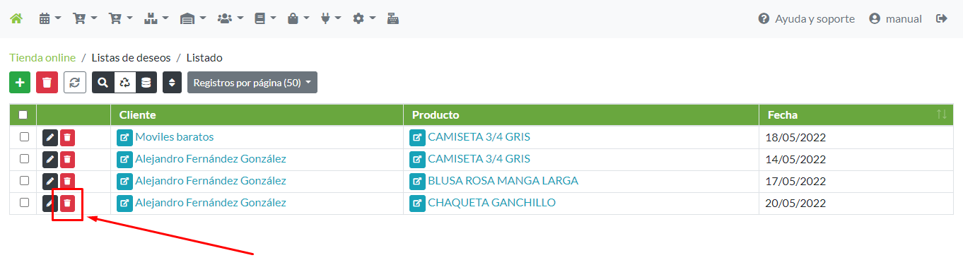 Eliminación de un registro lista de deseos, desde su menú de opciones