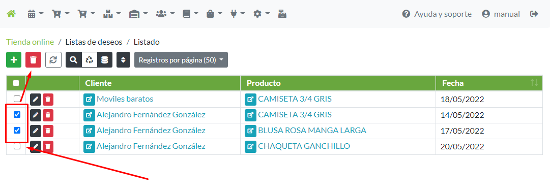Selección masiva de registros lista de deseos para su eliminación