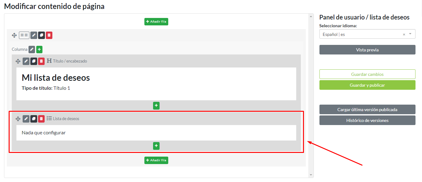 Detalle bloque Lista de deseos en configuración de página