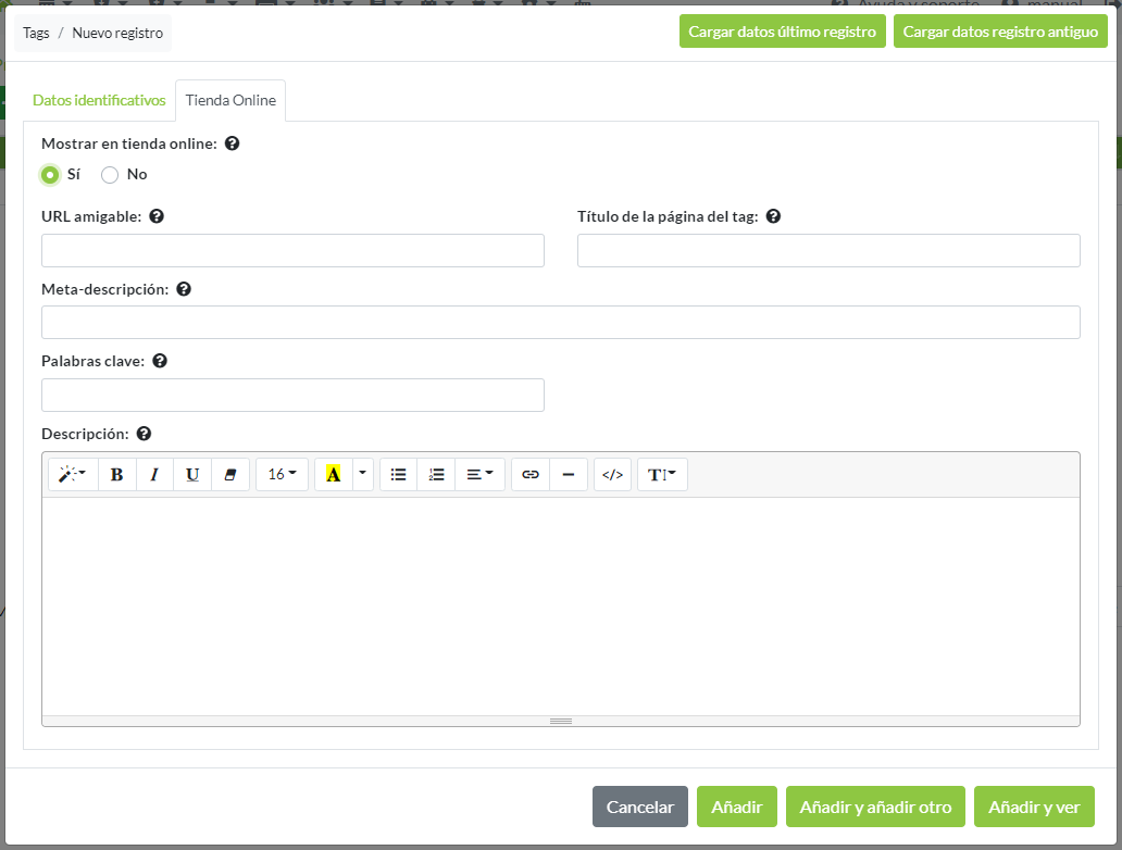 Creación de registro de Tags: Pestaña Tienda online