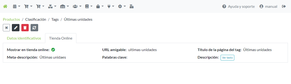 Detalle ficha de Tag: Pestaña Tienda online