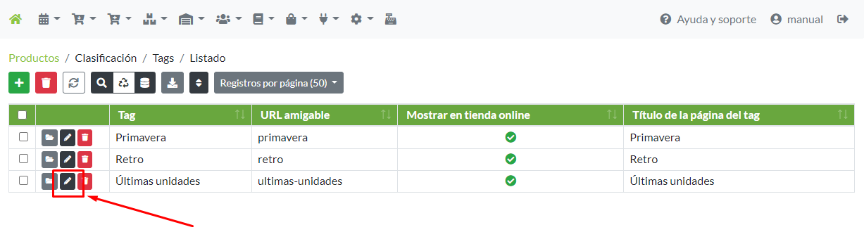 Modificación de un registro de Tag desde su menú de opciones