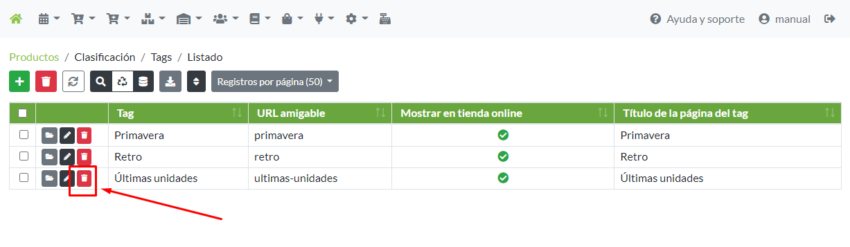 Eliminación de un registro de Tags desde su menú de opciones