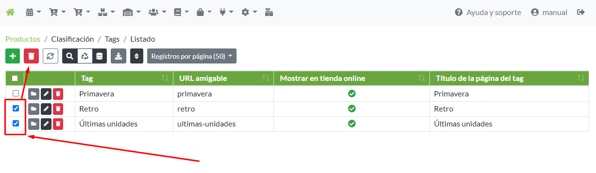 Selección masiva de registros de Tags para su eliminación