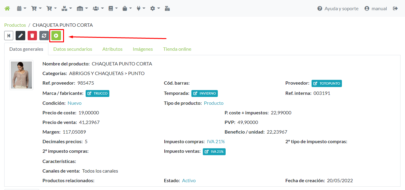 Acceso a panel de procesos desde la ficha de un producto