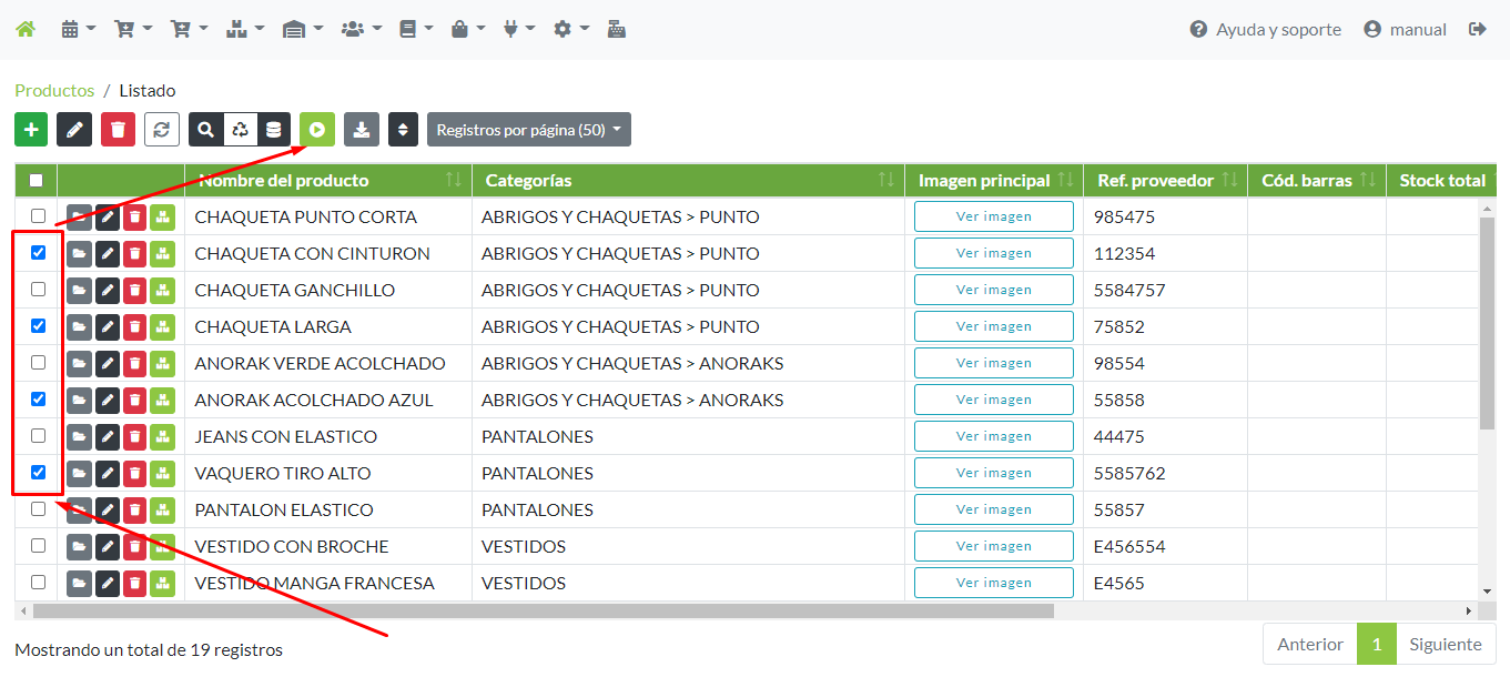 Selección masiva de registros de productos para configurar desde el panel de Procesos