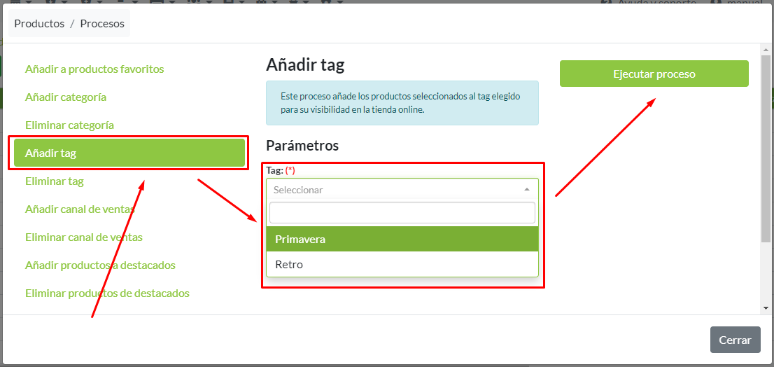 Detalle panel de Procesos: Añadir tag