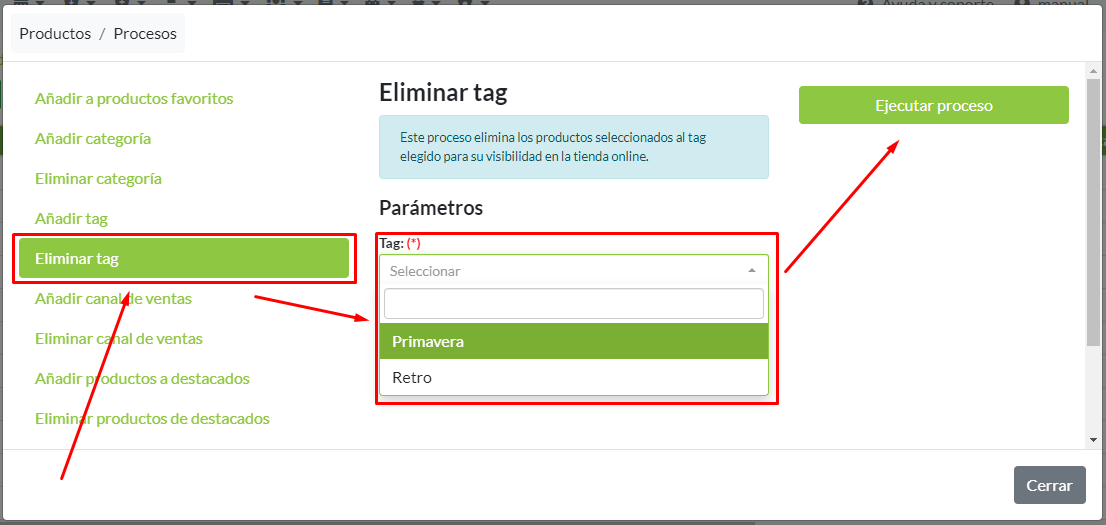 Detalle panel de Procesos: Eliminar tag