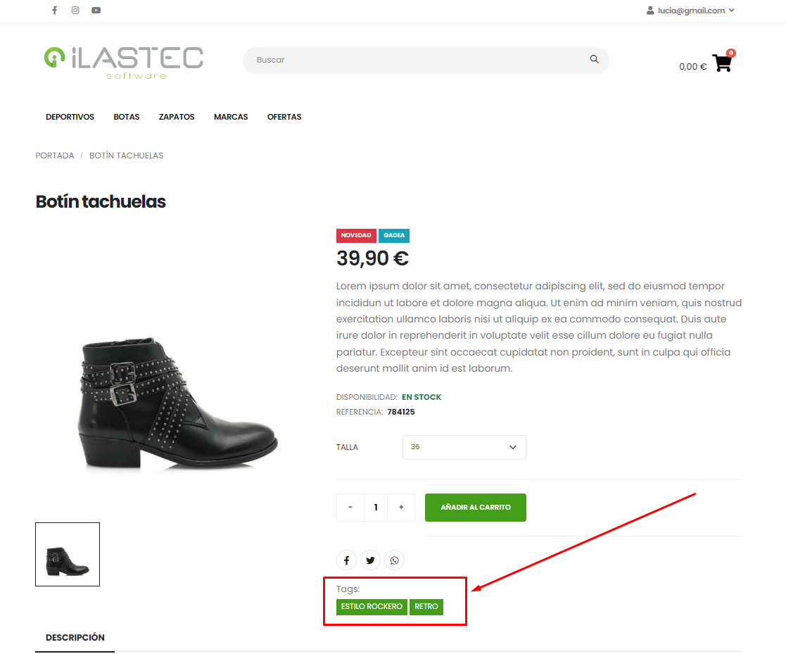 Detalle tags en ficha de producto de tienda online