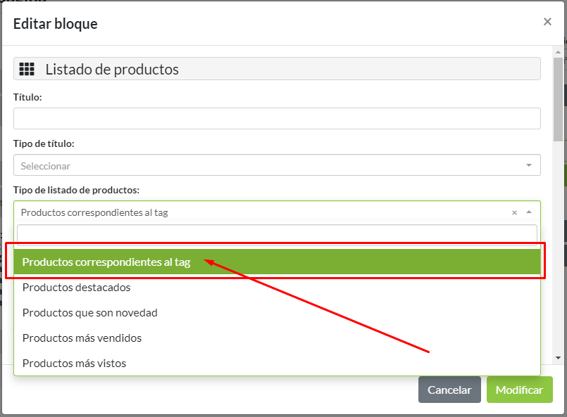 Selección de tipo de listado de productos: Productos correspondientes al Tag