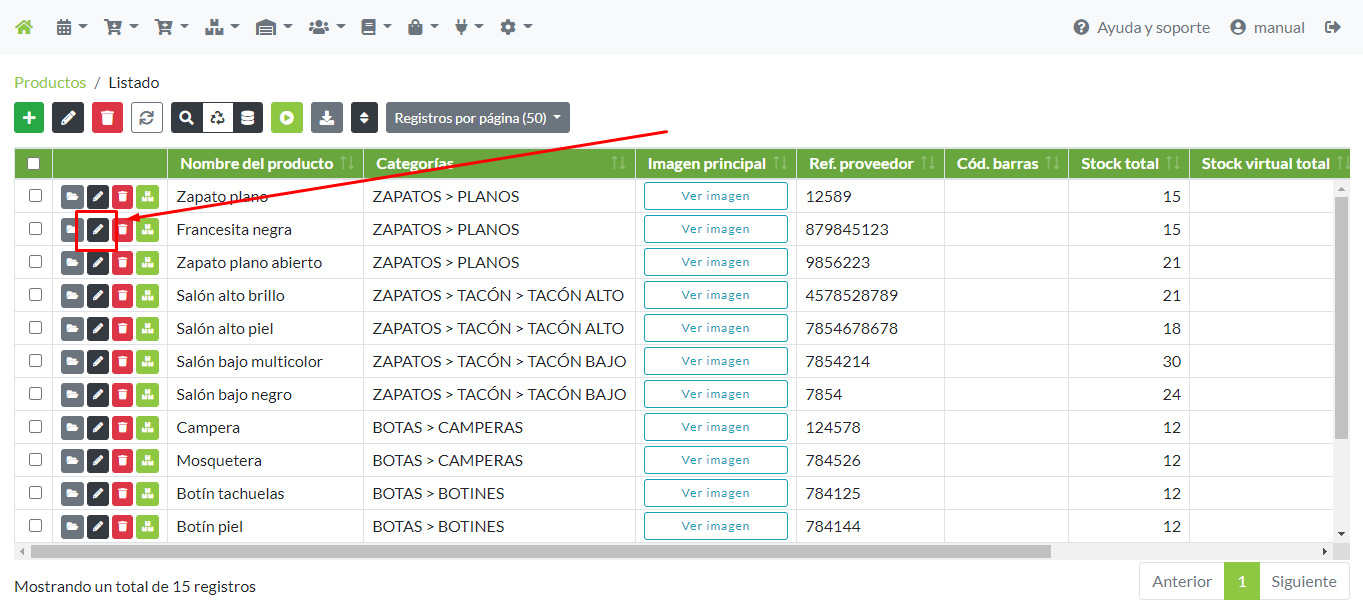 Modificación de un registro de productos desde su menú de opciones
