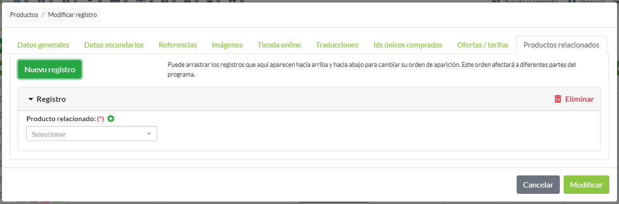 Panel de modificación de producto: Pestaña productos relacionados