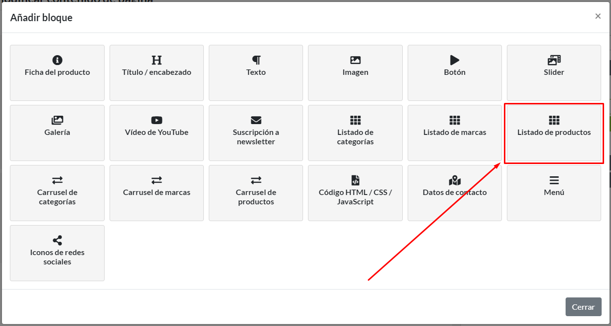 Panel de bloques de contenido: Selección de bloque Listado de productos