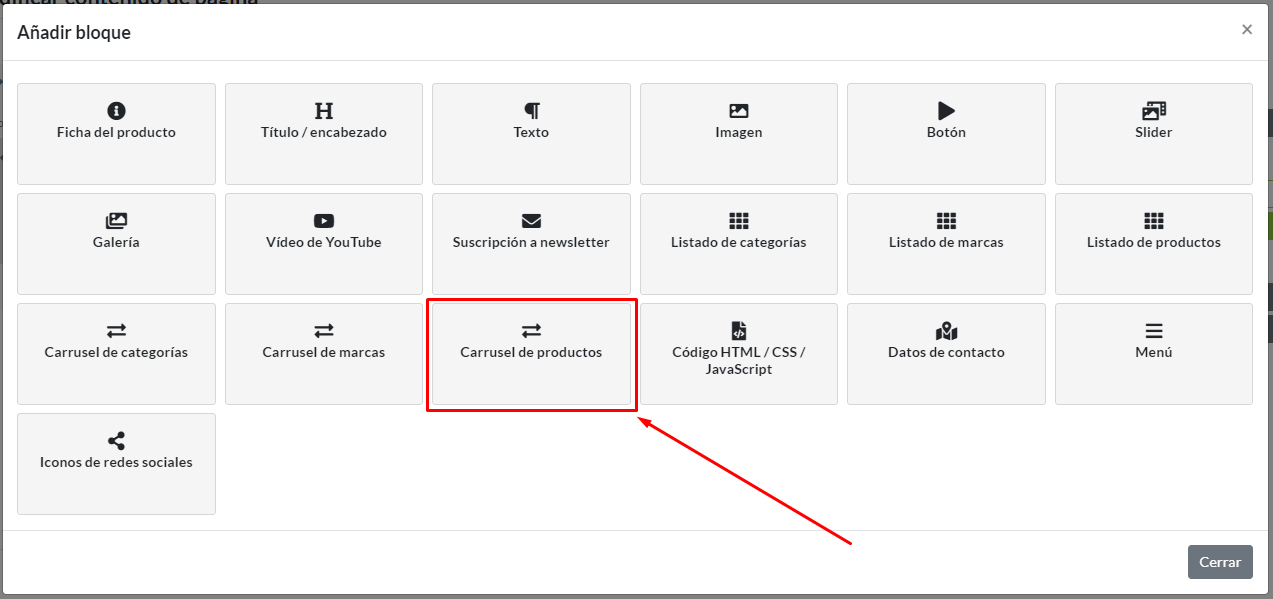 Panel de bloques de contenido: Selección de bloque Carrusel de productos
