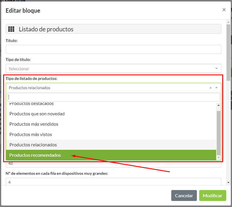 Configuración de bloque Listado de productos. Selección de tipo Productos recomendados