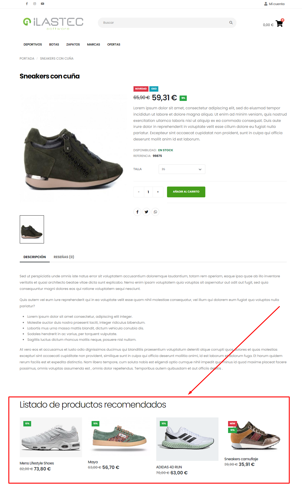 Detalle de listado Productos recomendados en tienda online