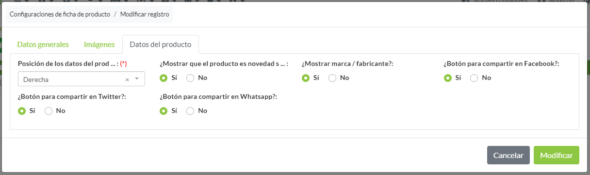 Panel de creación/modificación Configuración de ficha de productos. Pestaña: Datos del Producto