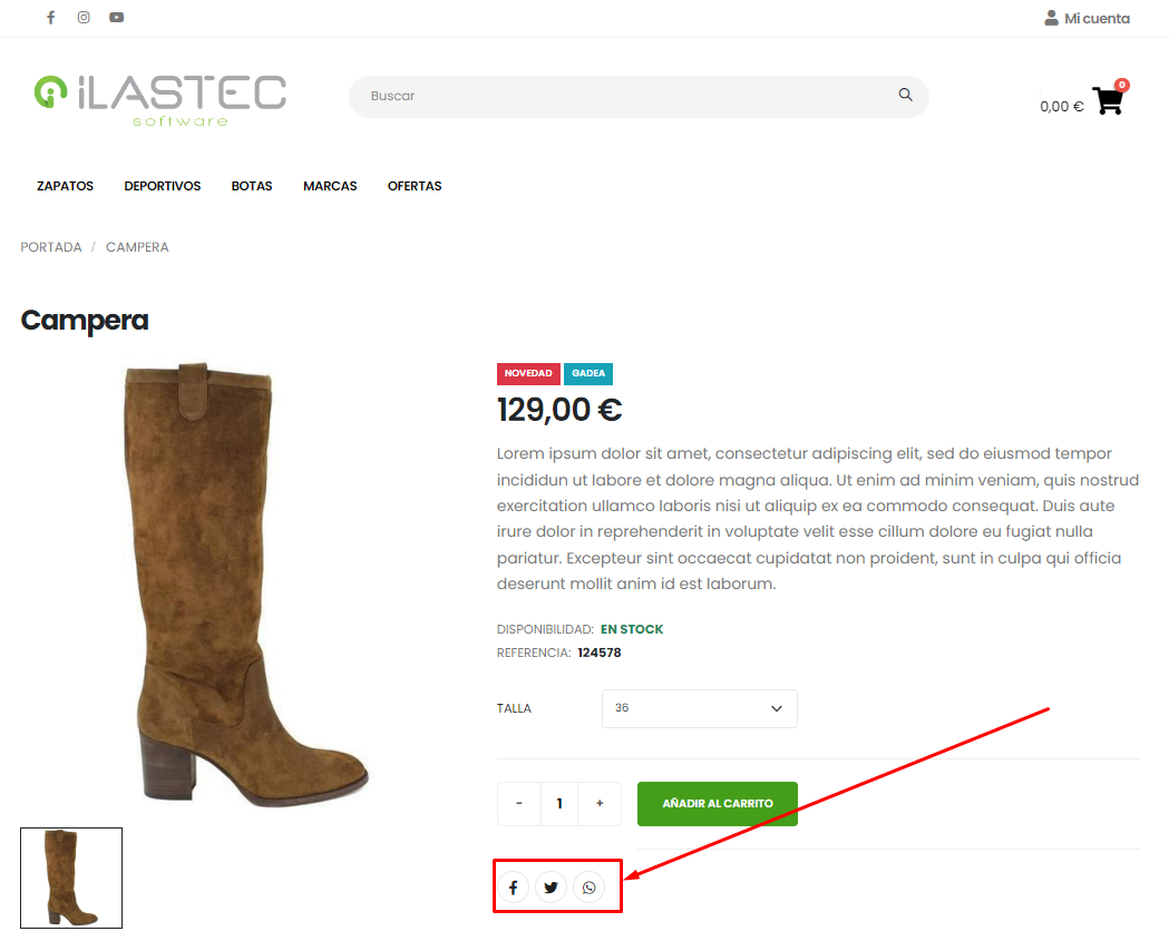 Detalle botones de redes sociales en ficha de producto, en la tienda online