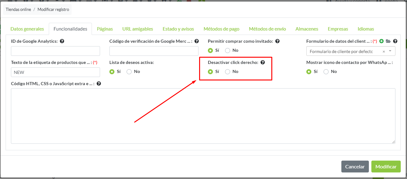 Configuración para deshabilitar el click derecho en la Tienda online