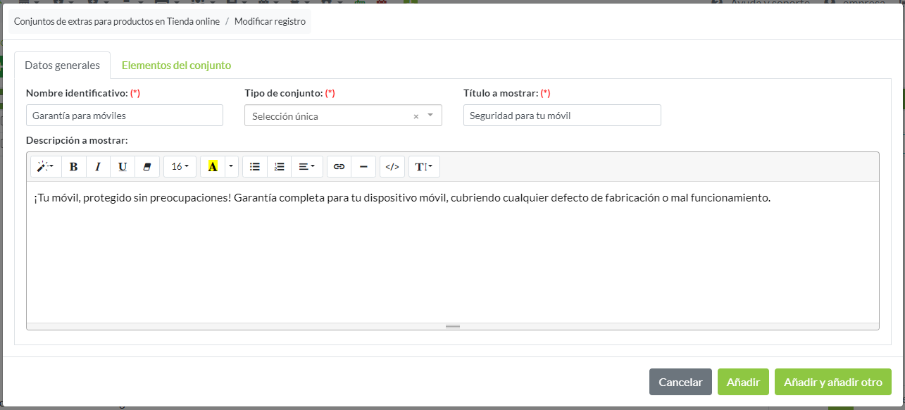 Registro conjunto de extras para productos en tienda online: Datos generales