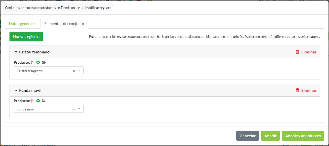 Registro conjunto de extras para productos en tienda online: Elementos del conjunto