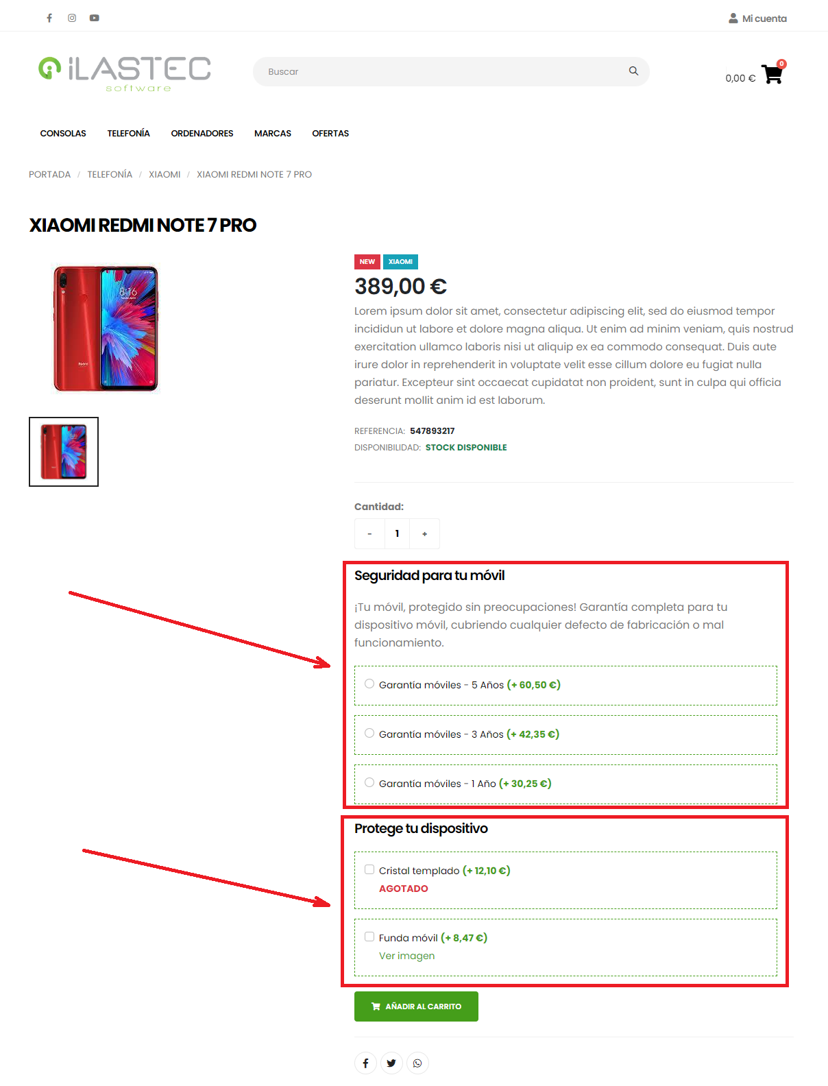 Detalle conjuntos de extras en ficha de producto en tienda online