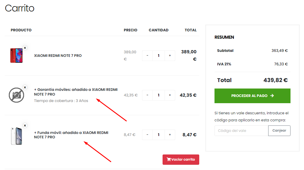 Detalle productos y conjuntos de extras en carrito de tienda online