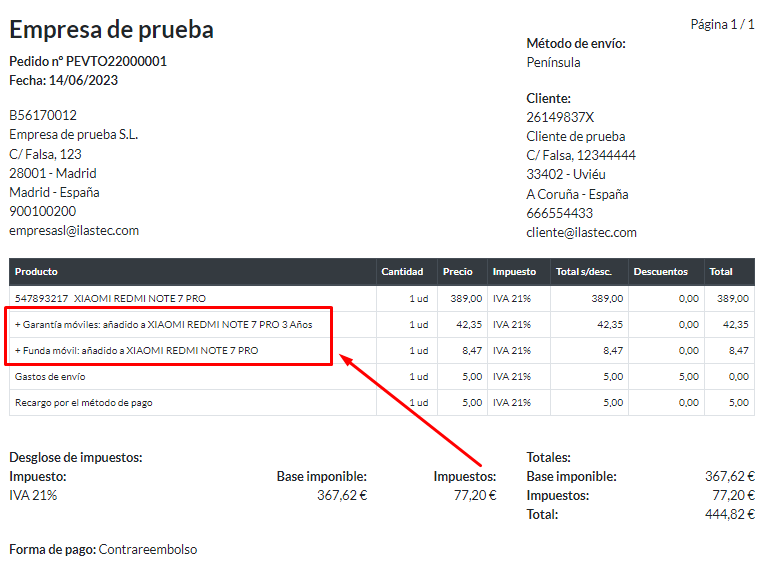 Detalle pedido con conjuntos de extras sus conceptos
