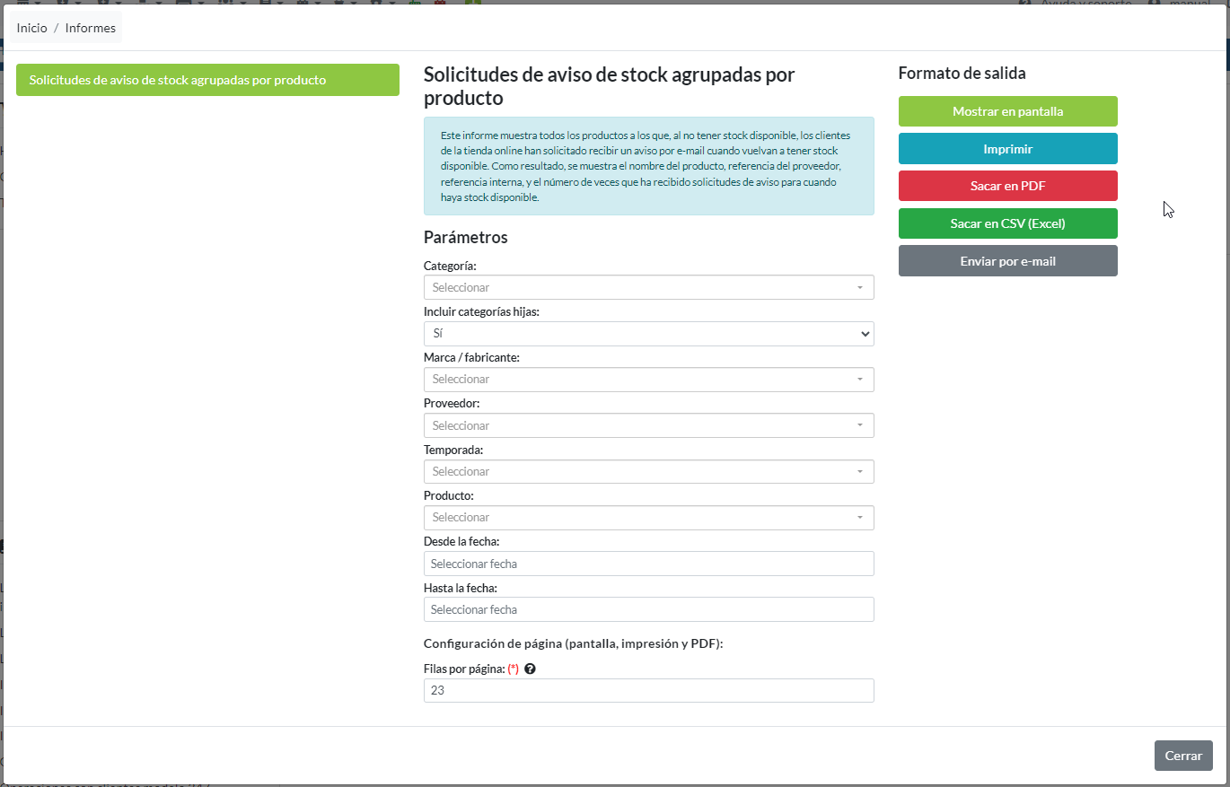 Productos con aviso de stock disponible en tienda online: Parámetros