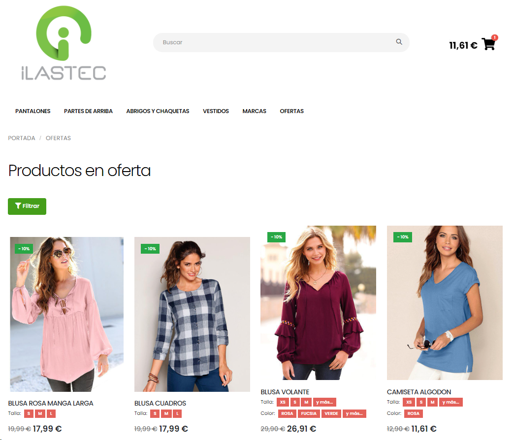 Productos con detalle de atributos y sus valores en listado de tienda online