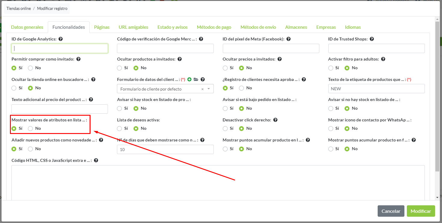 Activación de mostrar atributos en listados, en la configuración de la tienda online