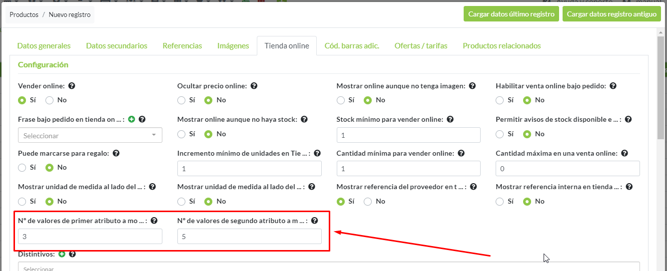 Configuración cantidad de valores de atributos en Productos