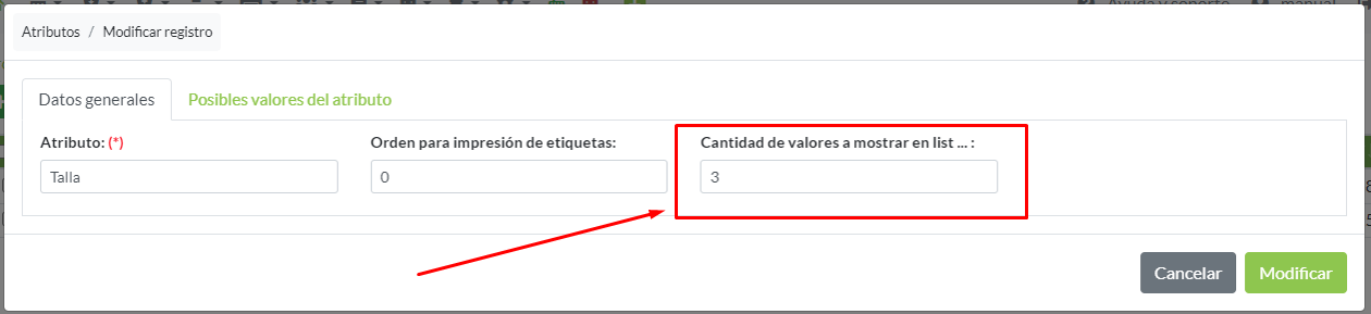 Configuración cantidad de valores de en Atributos