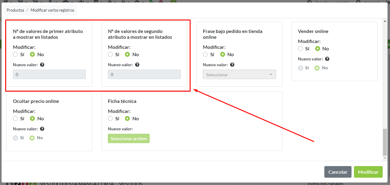Configuración cantidad de atributos a mostrar en listados online, en el listado de productos