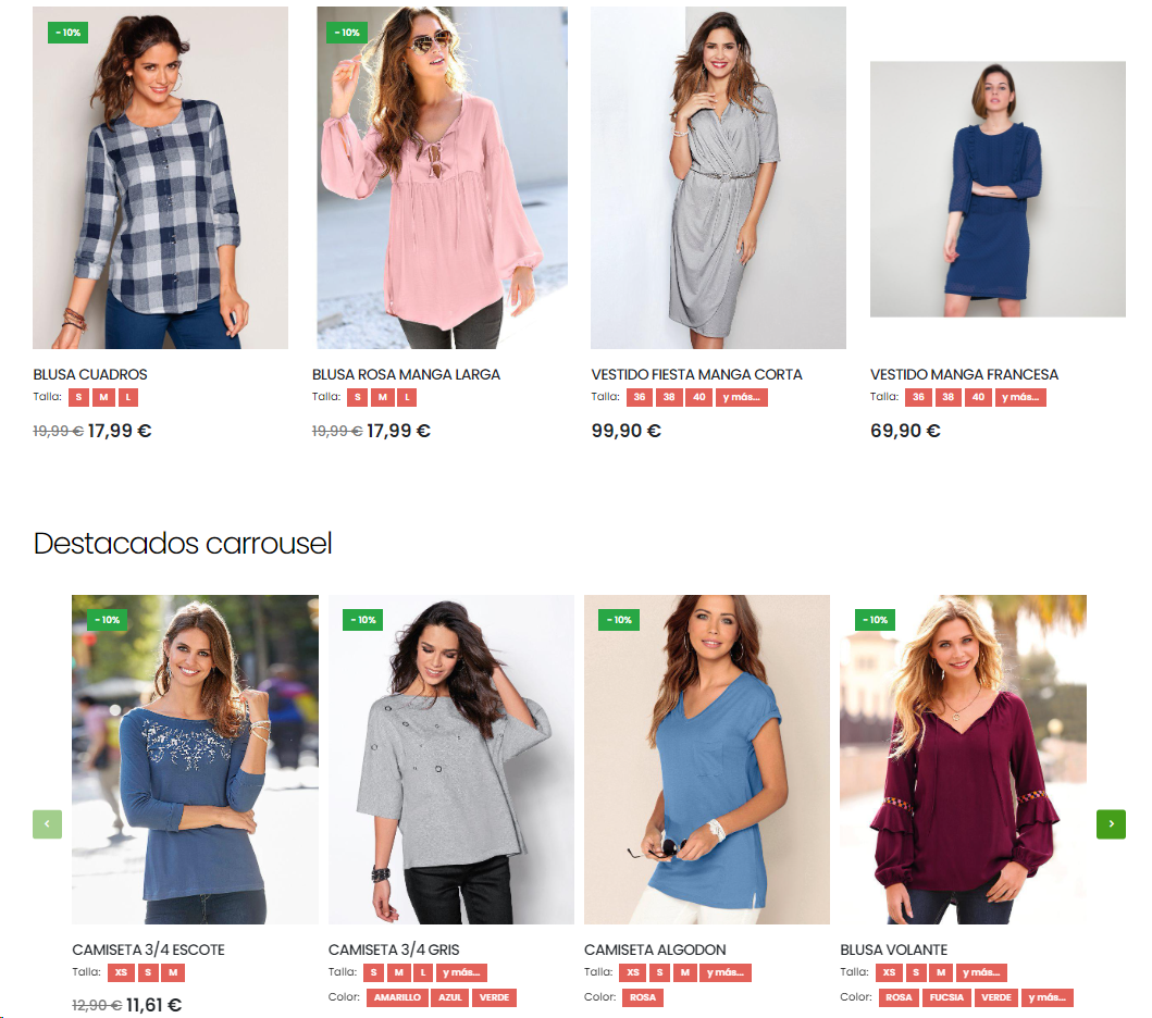 Resultado de productos con detalle de atributos y sus valores en listado de tienda online