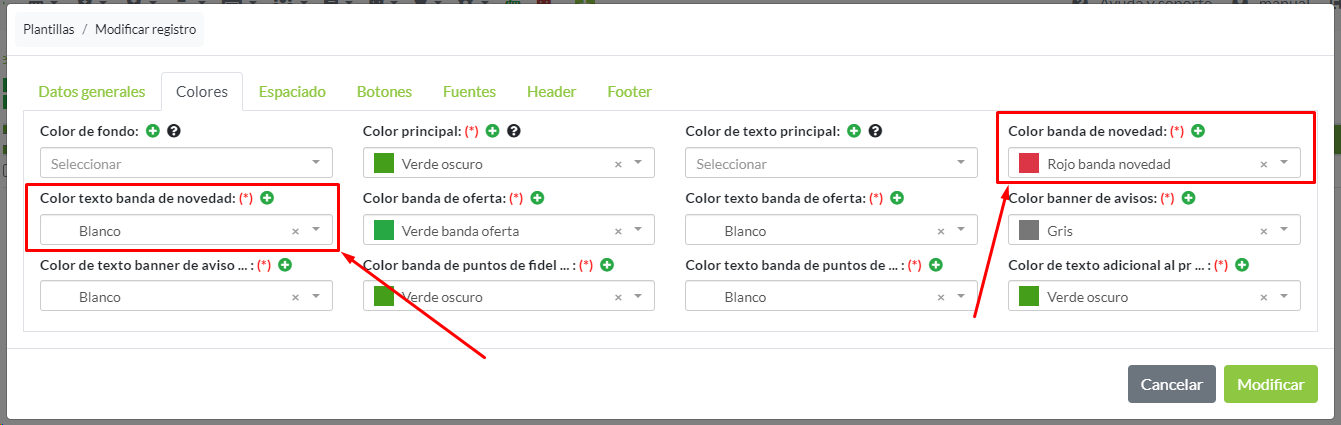 Configuración de colores para el distintivo de valores en listado de tienda online