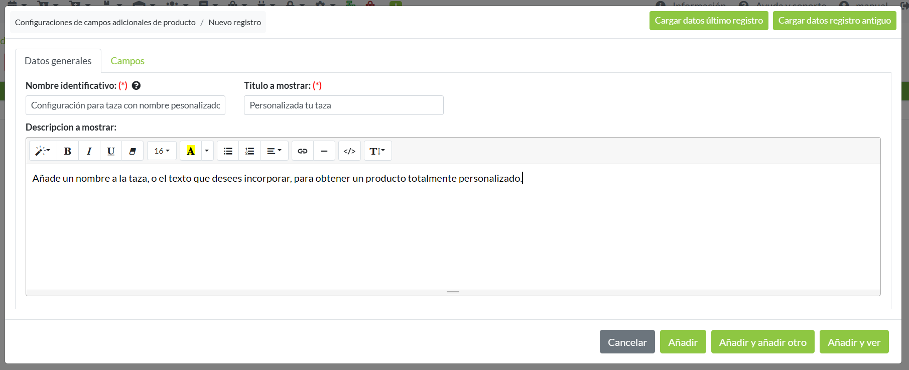 Registro configuración de campos adicionales para productos en tienda online: Datos generales