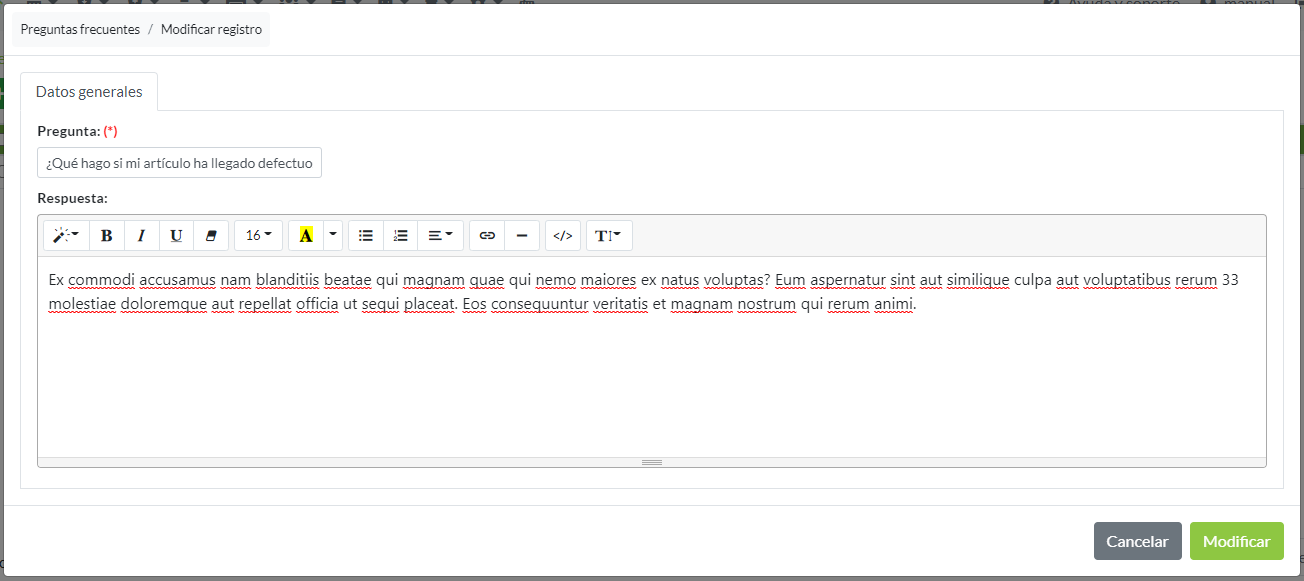 Formulario creación de registro de pregunta frecuente