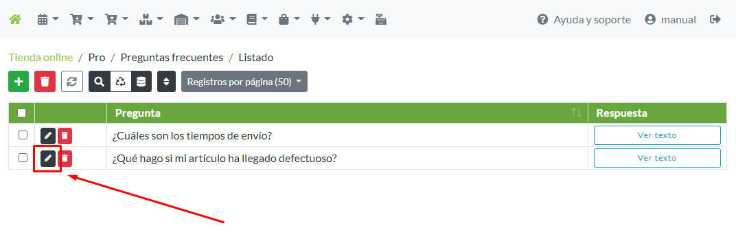 Modificación de un registro de pregunta frecuente desde su menú de opciones
