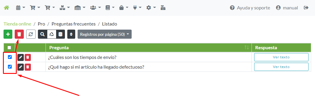 Selección masiva de registros de preguntas frecuentes para su eliminación