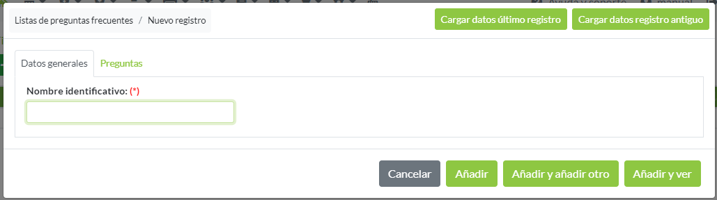 Creación de registro lista de preguntas frecuentes: Pestaña Datos generales
