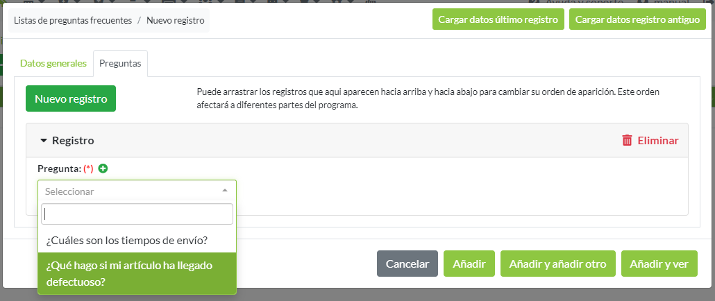 Creación de registro lista de preguntas frecuentes: Pestaña Preguntas