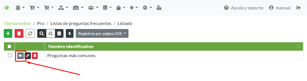 Acceso a la ficha de una lista de preguntas frecuentes desde su menú de opciones