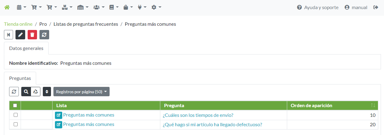 Detalle de la ficha de una lista de preguntas frecuentes