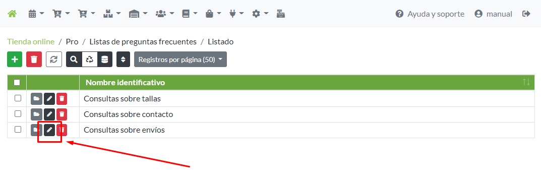 Modificación de una lista de preguntas frecuentes desde su menú de opciones