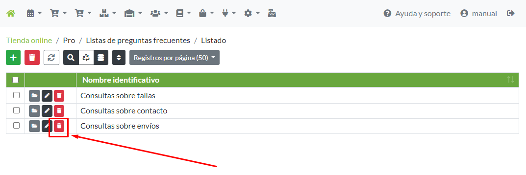 Eliminación de una lista de preguntas frecuentes desde su menú de opciones